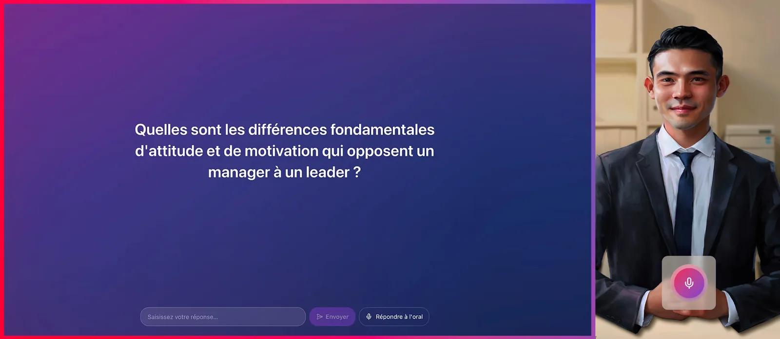 Interface Quiz IA : question posée par l'avatar, réponse écrite ou orale