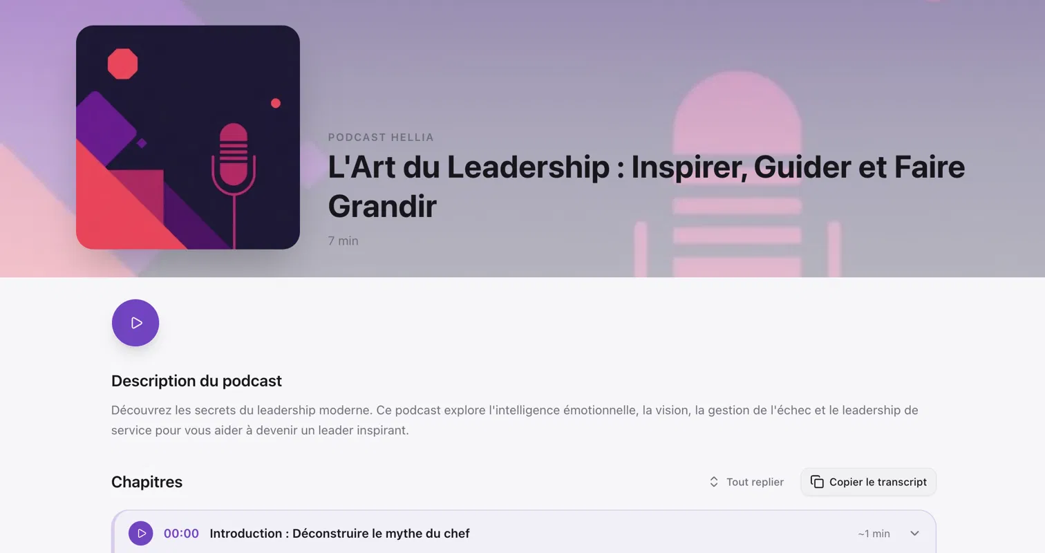 Interface Hellia : lecteur Podcast IA avec chapitres et transcript